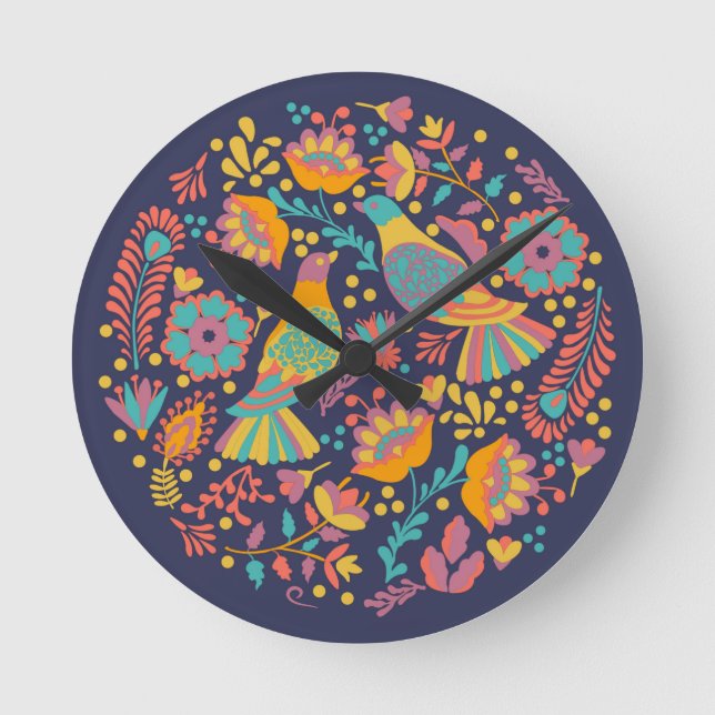 Colourful Mexican Folk Art Birds and Flowers Blue Round Clock (Front)
