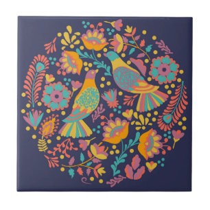 Colourful Mexican Folk Art Birds and Flowers Blue Tile