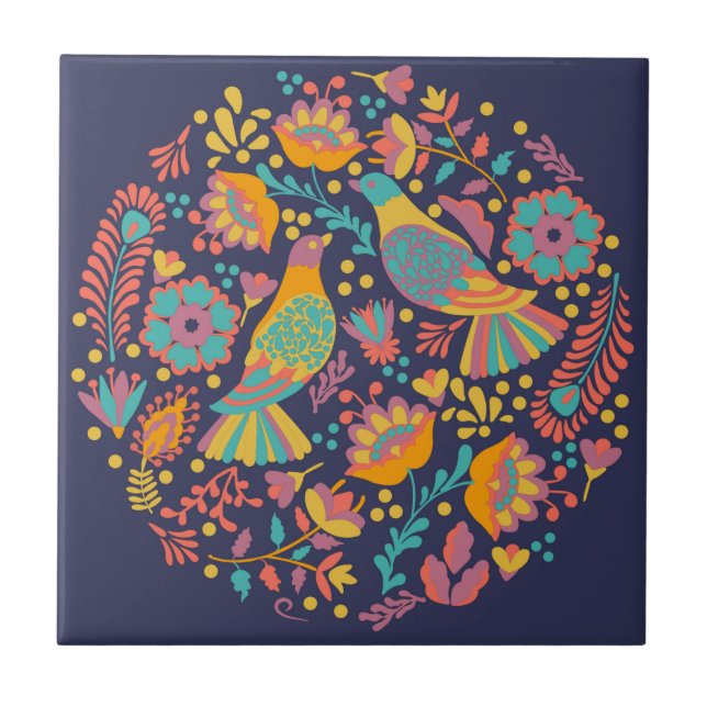 Colourful Mexican Folk Art Birds and Flowers Blue Tile (Front)
