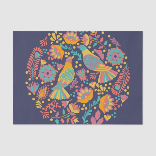 Colourful Mexican Folk Art Birds and Flowers Blue Tissue Paper (Front)