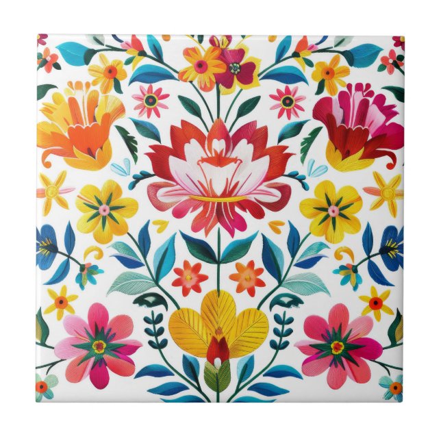 Colourful Mexican Folk Art Floral Tile (Front)
