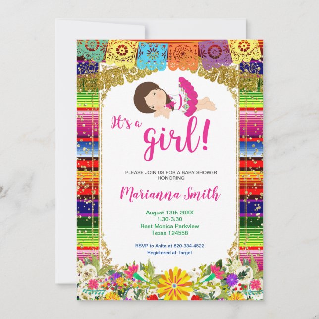 Colourful Mexican Girl Floral Fiesta Baby Shower Invitation (Front)