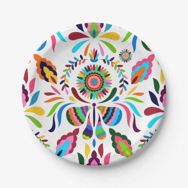 Colourful Mexican Otomi Butterfly Flower Pattern  Paper Plate (Front)