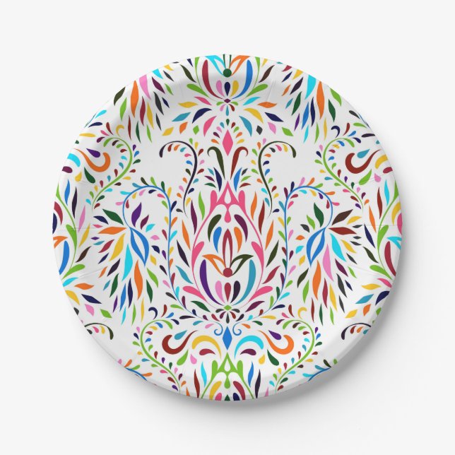 Colourful Mexican Otomi Floral Pattern Paper Plate (Front)