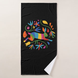 Colourful Mexican Otomi Hare & Flowers Bath Towel