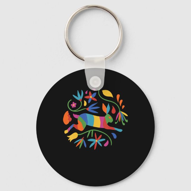 Colourful Mexican Otomi Hare & Flowers Key Ring (Front)