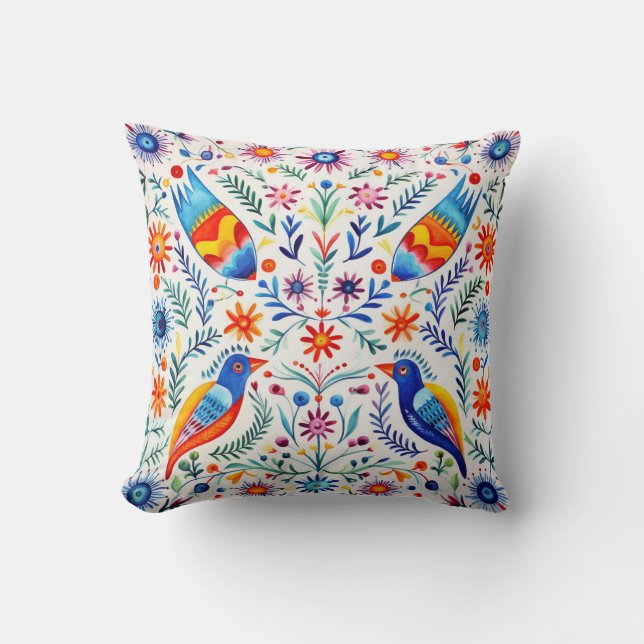 Colourful Mexican Pattern Throw Pillow Birds (Front)