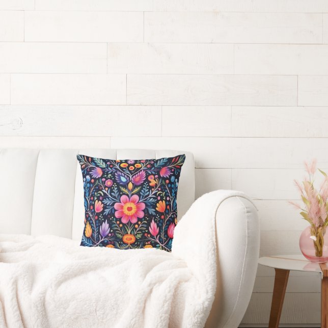Colourful Mexican Pattern Throw Pillow Black (Couch)