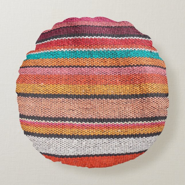 Colourful mexican, peruvian style rug surface clos round cushion (Front)