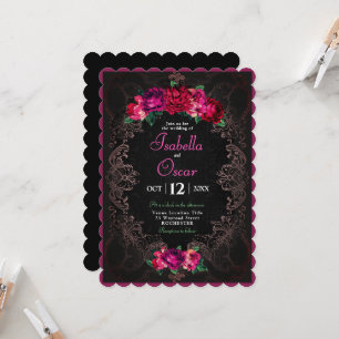 Colourful Mexican pink floral wedding black Invitation