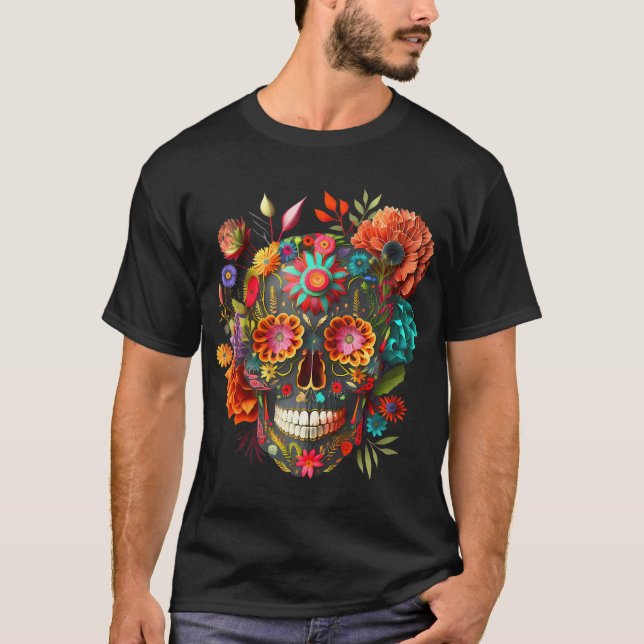 Colourful Mexican Skulls Flowers Halloween Catrina T-Shirt (Front)