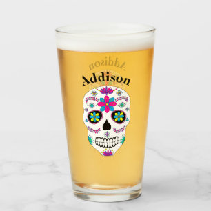 Colourful Mexican Sugar Skull With Name Glass