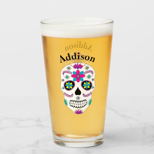 Colourful Mexican Sugar Skull With Name Glass (Front Filled)