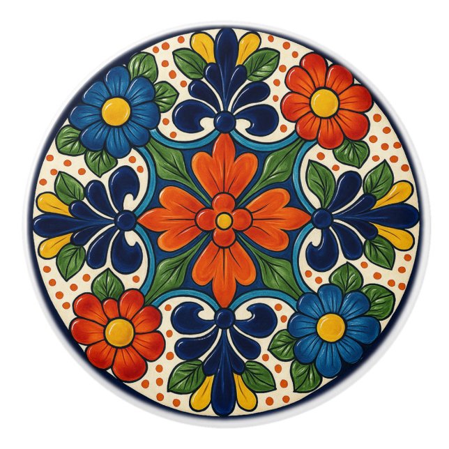 Colourful Mexican Talavera Floral Ceramic Knob (Front)
