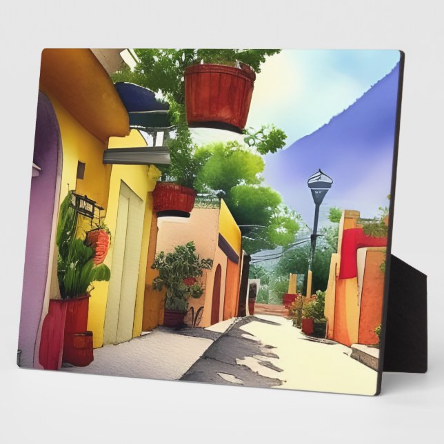Colourful Mexican Village Street Scenic Watercolor Plaque (Side)