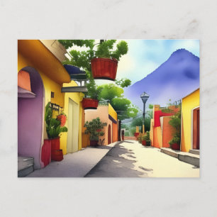 Colourful Mexican Village Street Scenic Watercolor Postcard