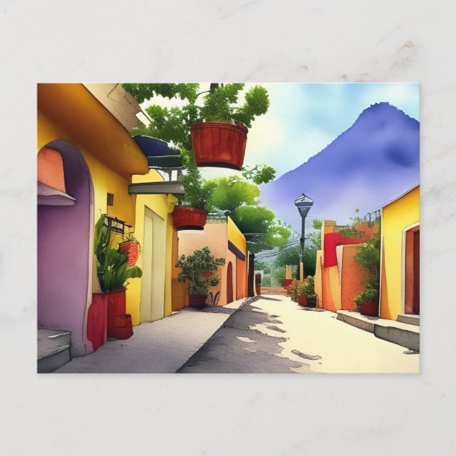 Colourful Mexican Village Street Scenic Watercolor Postcard (Front)
