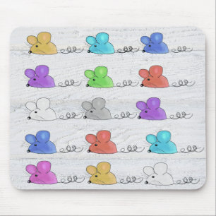 Colourful Mice on Whitewashed Wood Mouse Mat