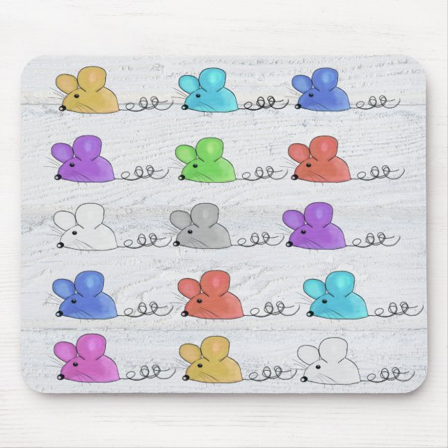 Colourful Mice on Whitewashed Wood Mouse Mat (Front)