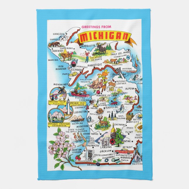Colourful Michigan Map Tea Towel (Vertical)