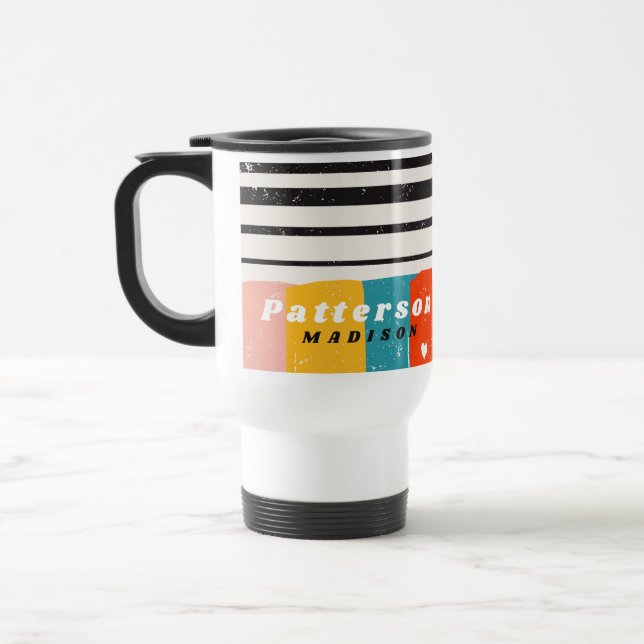Colourful Mid Century Abstract Personalised Name Travel Mug (Left)