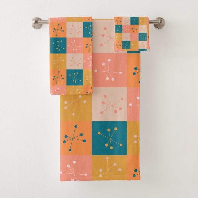 Colourful Mid Century Modern Atomic Motif Pattern Bath Towel Set (Insitu)