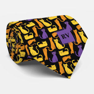 Colourful Mid-Century Modern Cats Monogrammed Tie
