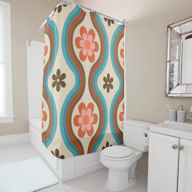 Colourful Mid Century Modern Floral Rainbow Retro Shower Curtain (In Situ)