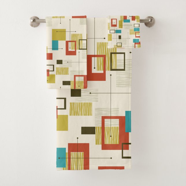 Colourful Mid-Century retro geometric pattern Bath Towel Set (Insitu)