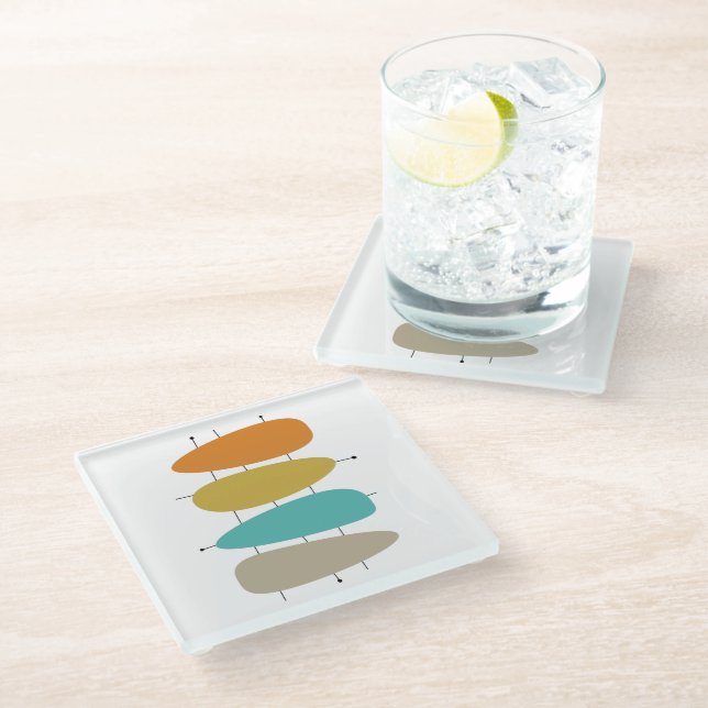 Colourful Mid Century Water Drops and Lines Glass Coaster (Angled)