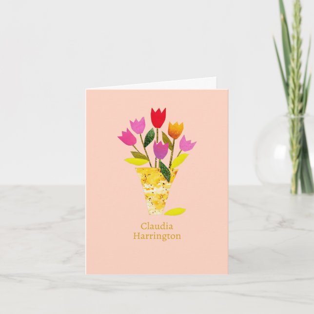 Colourful MidCentury Modern Pink Tulips Coral Note Card (Front)