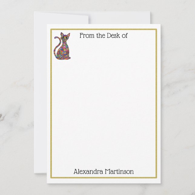 Colourful Millefiori Cat Monogram Name Stationery Card (Front)