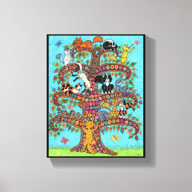 Colourful Millefiori Tree Cute Cartoon Cats Flower Canvas Print (Front)