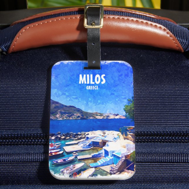 Colourful Milos Greece Travel Art Luggage Tag (Front Insitu 2)