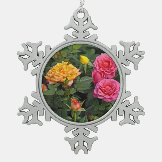 Colourful miniature roses snowflake pewter christmas ornament (Front)