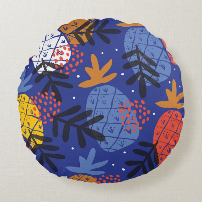 Colourful minimalistic abstract pineapples and lea round cushion (Front)