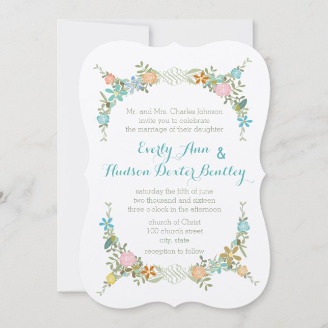 Colourful Mint Bunting Pennant Garland Wedding Invitation (Front)