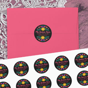 Colourful Mis Quince Anos Black Pink Mexican Fiest Classic Round Sticker