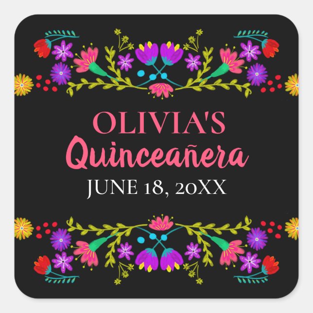 Colourful Mis Quince Anos Mexican Fiesta Flowers Square Sticker (Front)
