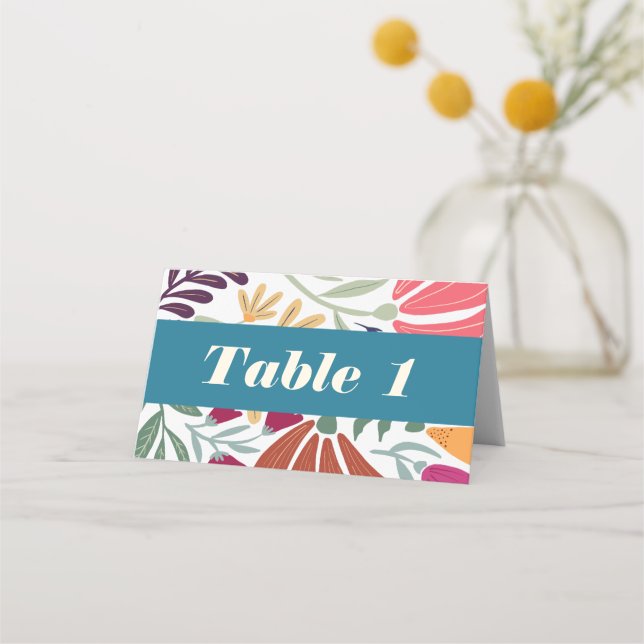 Colourful Mismatch Floral Retro Wedding Table Place Card (Front)