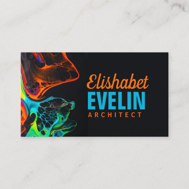 colourful mix of neon paints swirling on black 6ly business card (Front)