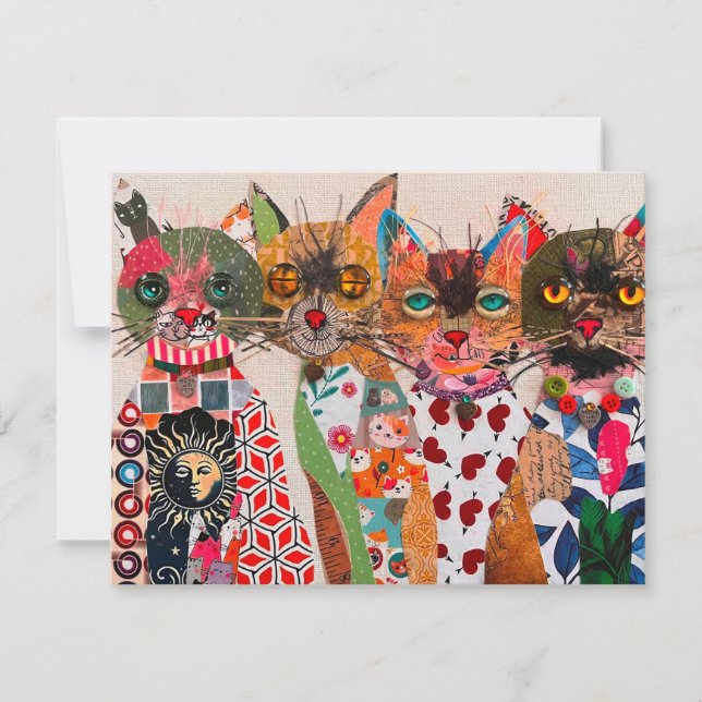 Colourful Mixed Media Cat Collage Greeting Card (Front)