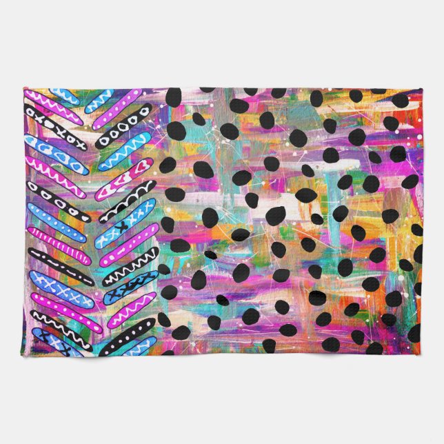 Colourful Mixed Media Lines and Dots Kitchen Towel (Horizontal)