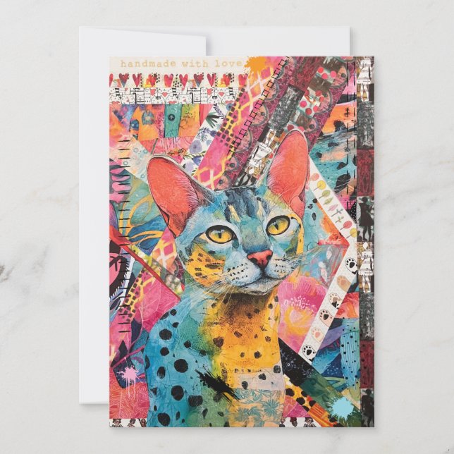 Colourful Mixed Mixed Paper Cat Collage  Card (Front)