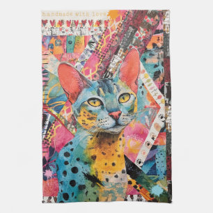 Colourful Mixed Mixed Paper Cat Collage  Tea Towel