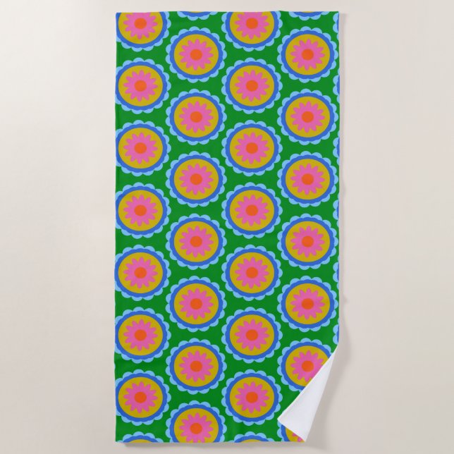 Colourful Mod 60s Bright Flower Mandala Pattern  Beach Towel (Front)