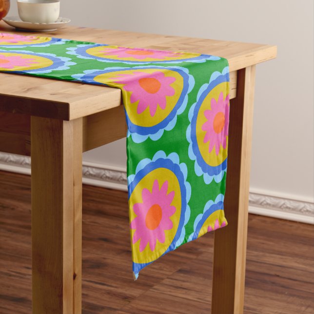 Colourful Mod 60s Bright Flower Mandala Pattern  Medium Table Runner (In Situ)