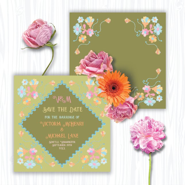Colourful Mod Embroidery Save the Date Invitation (Creator Uploaded)