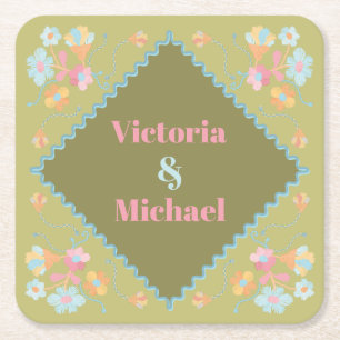 Colourful Mod Embroidery Square Paper Coaster