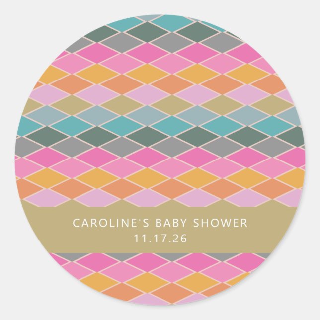 Colourful Mod Geometric Shapes Custom Baby Shower Classic Round Sticker (Front)